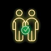 Neon icon of two people standing together with check mark between them vector