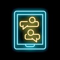 Glowing neon line mobile phone with chat message notification on screen icon isolated on black background vector