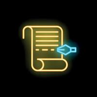 Neon sign of fountain pen writing on paper scroll icon vector