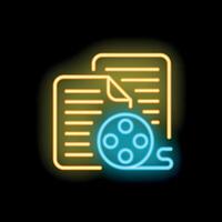 Neon sign representing scriptwriting with reel and papers vector