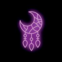 Neon dreamcatcher with crescent moon and feathers glowing on black background vector