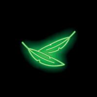 Green neon sign showing two feathers on black background vector