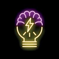 Neon light bulb combining brain and lightning symbolizing brainstorming vector