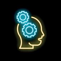 Neon icon of human head with cogwheels symbolizing thinking process vector