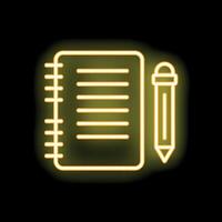 Neon notepad and pencil icon glowing on dark background vector