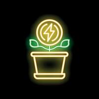 Neon sign of a plant growing with a coin with a lightning symbol on top vector