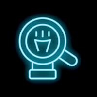 Neon icon of magnifying glass focusing on light bulb representing idea generation vector