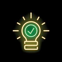 Neon lightbulb shining with check mark inside symbolizing valid idea vector