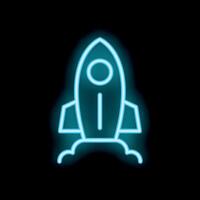 Blue neon rocket taking off from ground on black background vector