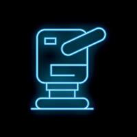 Neon blue icon of a robotic arm moving a package on dark background vector