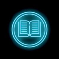 Blue neon open book icon in a circle on black background vector
