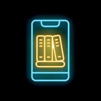Neon glowing icon of online library on smartphone for e learning and e books vector