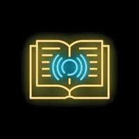 Neon icon of open book with sound waves depicting audiobook vector