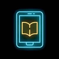 Neon sign of smartphone displaying open book icon on black background vector