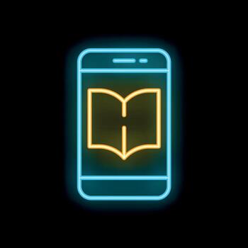 Neon sign of smartphone displaying open book icon on black background vector
