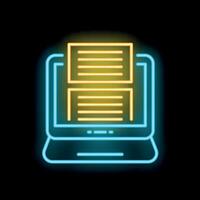 Neon icon of laptop displaying digital documents for online content creation vector