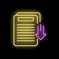 Neon downloading document icon glowing on dark background vector