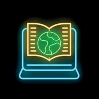 Neon sign of online global education with open book and earth icon vector