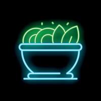 Glowing neon line icon showing a bowl overripe with salad leaves vector