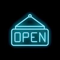 Blue neon sign showing open on black background vector