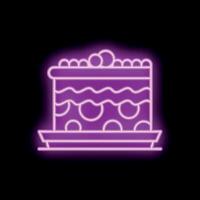 Neon sign of cake with berries on tray glowing in dark background vector