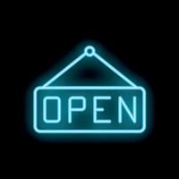 Blue neon sign hanging on a window displaying open sign vector