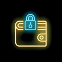 Neon padlock protecting digital wallet for online security vector