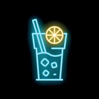 Blue neon sign showing cocktail with slice of orange, ice and drinking straw vector