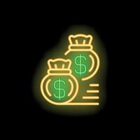 Neon sign representing money transferring with two bags of money and motion lines vector