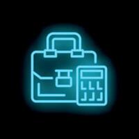 Neon business suitcase with calculator icon glowing on black background vector