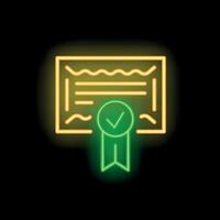 Neon sign showing a certificate with a green check mark ribbon vector