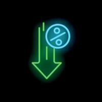Neon green arrow pointing down with percentage symbol inside circle on black background vector