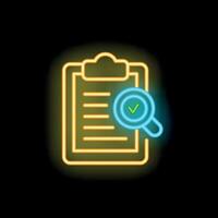 Neon magnifying glass hovering over clipboard with checklist marking complete tasks vector