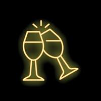 Two sparkling wine glasses clinking in neon light style vector
