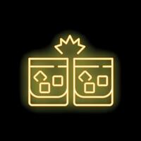 Neon sign showing two glasses touching for a toast with ice cubes and sparkles vector