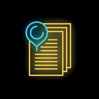 Neon icon of documents with location pin representing online document management vector