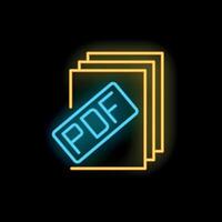 Neon icon of pdf file format over documents on black background vector
