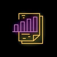 Neon icon of documents displaying growing bar chart on black background vector
