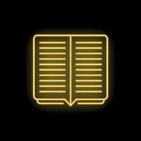 Neon yellow open book glowing on black background vector