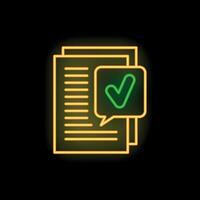Neon icon of documents with check mark representing successful contract agreement vector