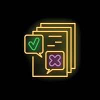 Neon icon of documents with check and cross marks representing decision making vector