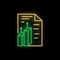 Neon style icon showing document with growing statistics chart on black background vector