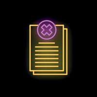 Neon sign showing document with an x on black background vector