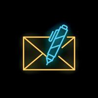 Neon sign of pen writing on envelope for communication concept vector