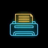 Neon printer icon printing documents on black background vector