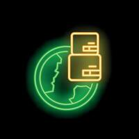 Neon icon of parcels rotating around the earth representing global shipping and logistics vector