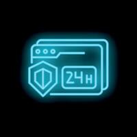 Neon blue website security icon showing 24 hours protection vector