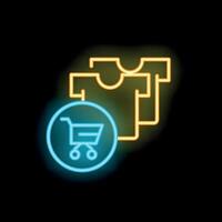 Neon shopping cart icon appearing over t shirts displayed on black background vector
