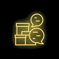 Neon icon of speech bubble discussing about delivery and parcel packaging vector