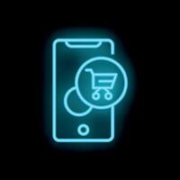 Neon shopping cart icon glowing on smartphone screen vector